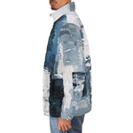 Down-Padded Puffer Jacket Modern Art Abstraction Blue and White