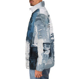 Down-Padded Puffer Jacket Modern Art Abstraction Blue and White