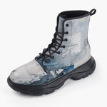 Casual Leather Chunky Boots Modern Art Abstraction Blue and White