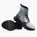 Casual Leather Chunky Boots Modern Art Abstraction Blue and White