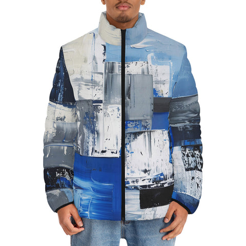 Down-Padded Puffer Jacket Modern Art Abstraction Blue and White