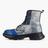 Casual Leather Chunky Boots Modern Art Abstraction Blue and White