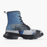 Casual Leather Chunky Boots Modern Art Abstraction Blue and White