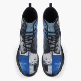 Casual Leather Chunky Boots Modern Art Abstraction Blue and White