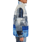 Down-Padded Puffer Jacket Modern Art Abstraction Blue and White