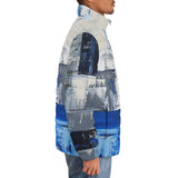 Down-Padded Puffer Jacket Modern Art Abstraction Blue and White