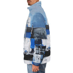 Down-Padded Puffer Jacket Modern Art Abstraction Blue and White