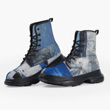 Casual Leather Chunky Boots Modern Art Abstraction Blue and White