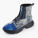 Casual Leather Chunky Boots Modern Art Abstraction Blue and White