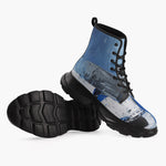 Casual Leather Chunky Boots Modern Art Abstraction Blue and White