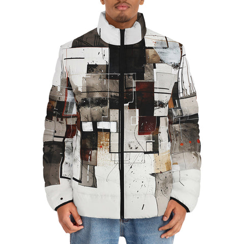 Down-Padded Puffer Jacket Modern Art Abstraction Brown and White