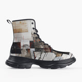 Casual Leather Chunky Boots Modern Art Abstraction Brown and White