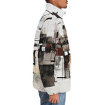 Down-Padded Puffer Jacket Modern Art Abstraction Brown and White