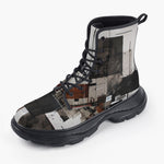 Casual Leather Chunky Boots Modern Art Abstraction Brown and White