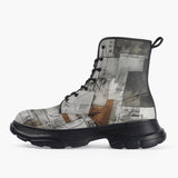 Casual Leather Chunky Boots Modern Art Abstraction Brown and White