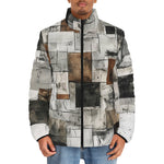 Down-Padded Puffer Jacket Modern Art Abstraction Brown and White