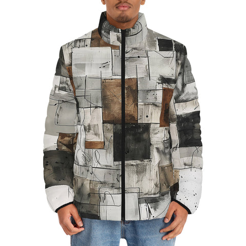 Down-Padded Puffer Jacket Modern Art Abstraction Brown and White