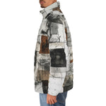 Down-Padded Puffer Jacket Modern Art Abstraction Brown and White