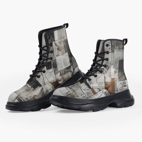 Casual Leather Chunky Boots Modern Art Abstraction Brown and White