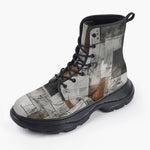 Casual Leather Chunky Boots Modern Art Abstraction Brown and White