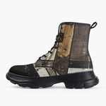 Casual Leather Chunky Boots Modern Art Abstraction Brown and White