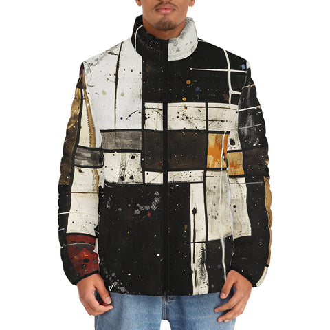 Down-Padded Puffer Jacket Modern Art Abstraction Brown and White