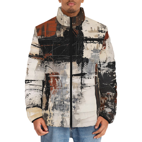 Down-Padded Puffer Jacket Modern Art Abstraction Brown and White