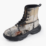 Casual Leather Chunky Boots Modern Art Abstraction Brown and White