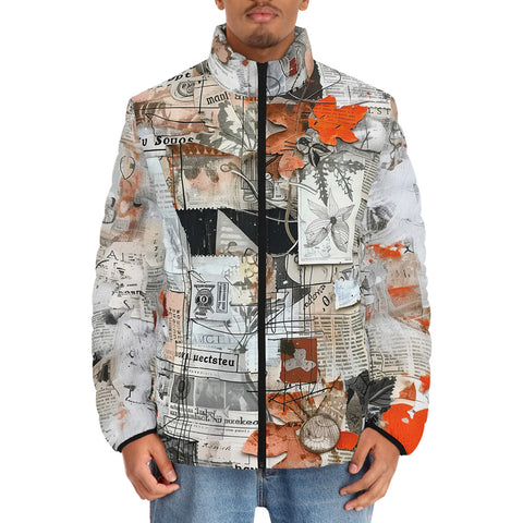 Down-Padded Puffer Jacket Pieces of Paper Fabric and Paint Splashes