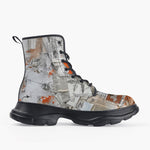 Casual Leather Chunky Boots Pieces of Paper Fabric and Paint Splashes