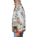 Down-Padded Puffer Jacket Pieces of Paper Fabric and Paint Splashes