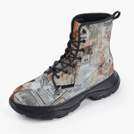 Casual Leather Chunky Boots Pieces of Paper Fabric and Paint Splashes