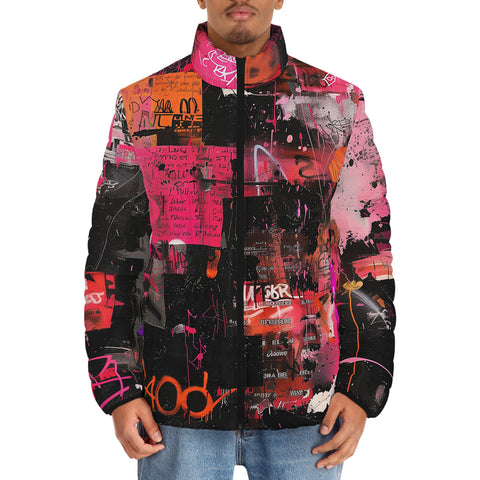 Down-Padded Puffer Jacket Collage of Graffiti in a Pink and Black