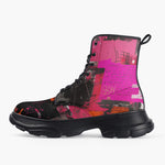 Casual Leather Chunky Boots Collage of Graffiti in a Pink and Black