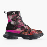 Casual Leather Chunky Boots Collage of Graffiti in a Pink and Black