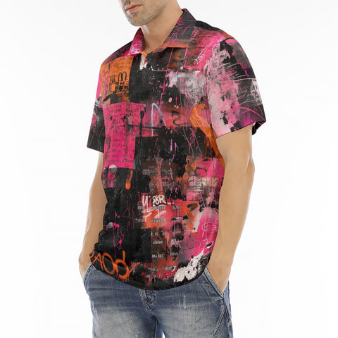 Men's Polo Shirt Collage of Graffiti in a Pink and Black