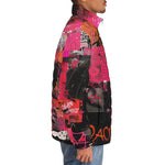 Down-Padded Puffer Jacket Collage of Graffiti in a Pink and Black
