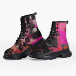 Casual Leather Chunky Boots Collage of Graffiti in a Pink and Black