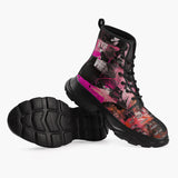 Casual Leather Chunky Boots Collage of Graffiti in a Pink and Black