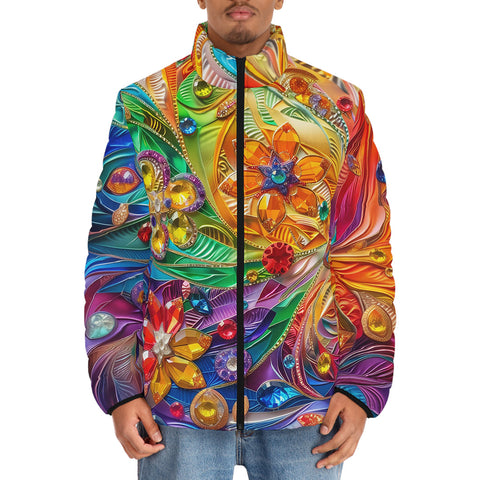 Down-Padded Puffer Jacket Sparkling Gemstones with Flowers