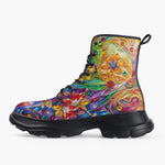 Casual Leather Chunky Boots Sparkling Gemstones with Flowers