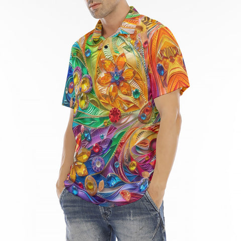 Men's Polo Shirt Sparkling Gemstones with Flowers