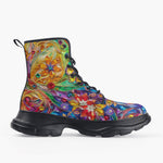 Casual Leather Chunky Boots Sparkling Gemstones with Flowers