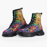 Casual Leather Chunky Boots Sparkling Gemstones with Flowers