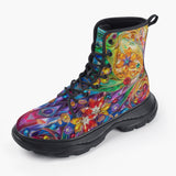 Casual Leather Chunky Boots Sparkling Gemstones with Flowers