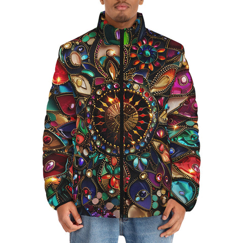 Down-Padded Puffer Jacket Colorful Mandala Jewels Art