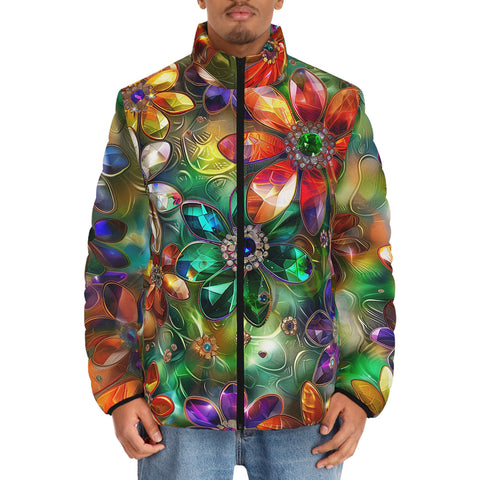 Down-Padded Puffer Jacket Vibrant Colors Crystal Flowers