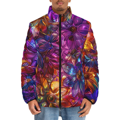Down-Padded Puffer Jacket Vibrant Pattern of Crystal Flowers