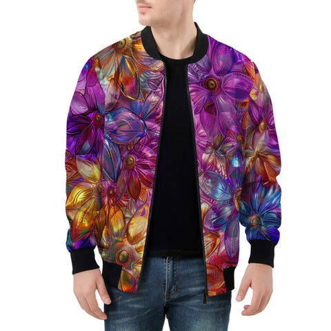 Bomber Jacket Vibrant Pattern of Crystal Flowers