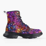 Casual Leather Chunky Boots Vibrant Pattern of Crystal Flowers